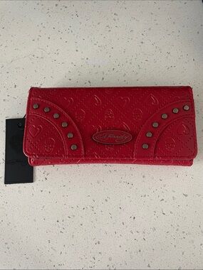 NWT - Ed Hardy Red Embossed Heart & Skull Studded Wallet faux vegan leather.